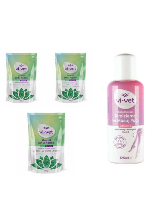 Vivet Granül Sir Ağda Azulen 250 gr 3 adet + Vivet Ağda Temizleme ve Masaj Yağı VitaminE 125 ml
