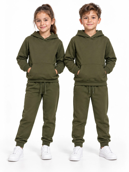 Unisex Kız Erkek Çocuk Haki Kapüşonlu Kanguru Cepli Jogger Eşofman Takımı