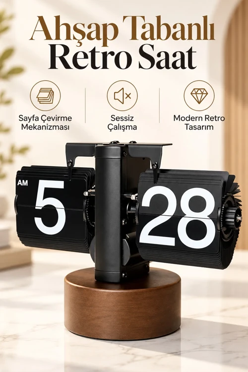 Yaprak Masa Saati Otomatik Sayfa Çevirmeli Retro Mekanik Ahşap Tasarım Flip Clock Ofis Aksesuarı
