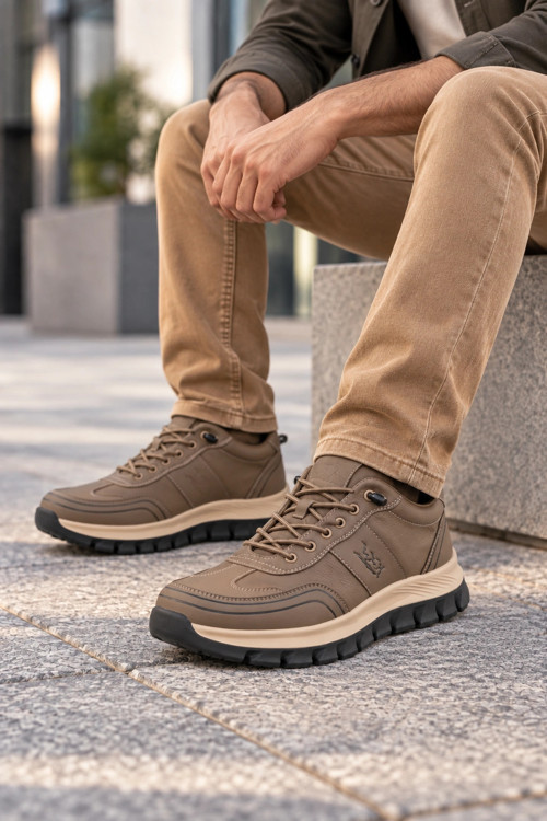 Perra Erkek Kahve Deri Sneaker - Bej Kalın Tabanlı Günlük Spor Ayakkabı