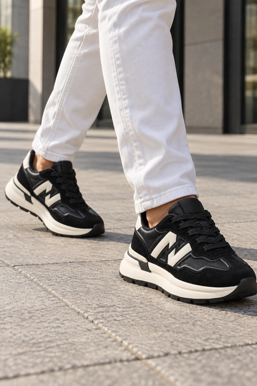 Sandria Siyah Deri ve Süet Detaylı Kalın Tabanlı Erkek Sneakers Ayakkabı