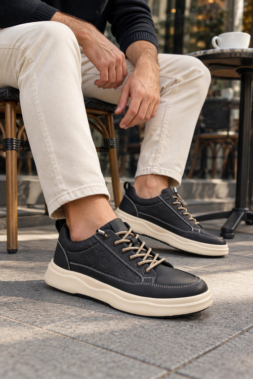 Losta Erkek Siyah Deri Sneaker - Kalın Bej Tabanlı & Desen Detaylı Günlük Ayakkabı
