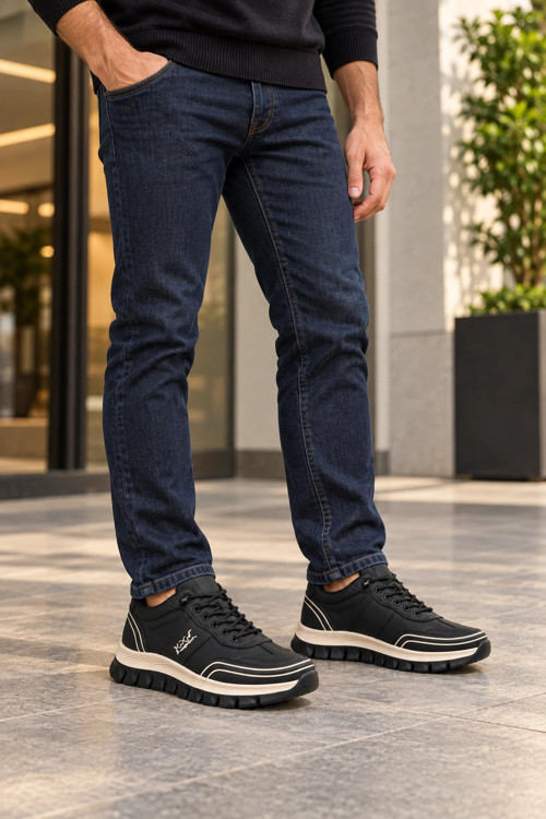 Perra Erkek Siyah Deri Sneaker - Bej Kalın Tabanlı Günlük Spor Ayakkabı
