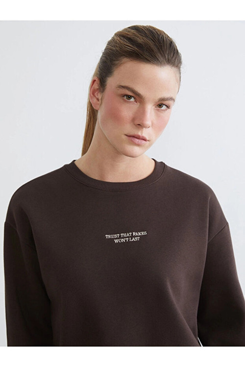 Kahverengi Nakışlı Oversize Kadın Kalın Sweatshirt