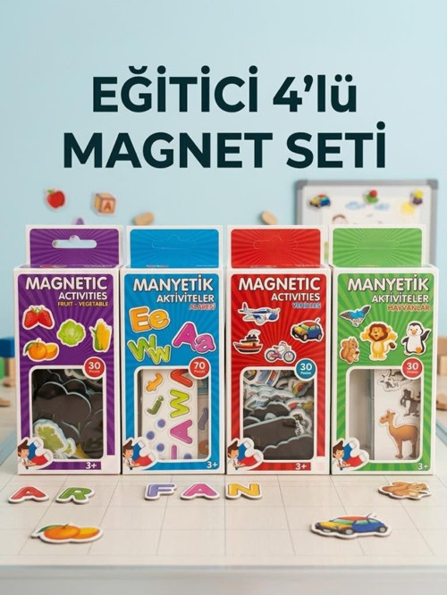 4'lü Magnet Oyun Seti 30 Parça Taşıtlar Meyveler Hayvanlar ve 70 Parça Alfabe Oyun Seti