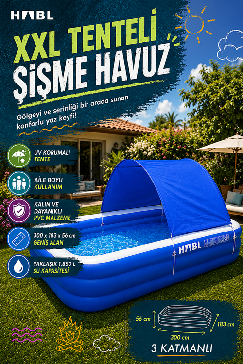 3 Boğumlu Tenteli Şişme Havuz XXL 300x183x56 cm 1850 L Güneş Korumalı Aile Havuzu