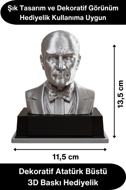#Atatürk Mustafa Kemal Atatürk Büstü 3D Baskı Dekorasyon Biblo Gümüş Gri Premium Tasarım Şık Obje Ev
