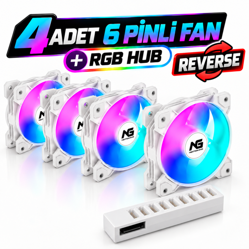 Orion 4 Adet Reverse (Ters Bıçak) RGB 6 Pin 120mm Beyaz Fan + RGB Hub Set