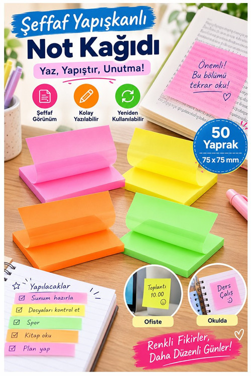 Yapışkanlı Şeffaf Not Kağıdı 200 Yaprak 4 Renk Kare Transparan Postit 75x75 mm Yarı Saydam İşaretleyici Aydınger