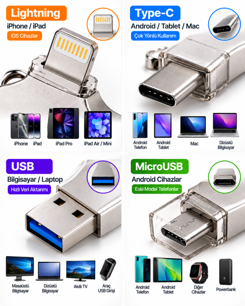 4in1 128GB Flash Bellek USB Type-C Lightning MicroUSB Çoklu Girişli Taşınabilir USB Bellek
