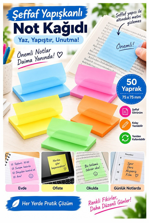 Yapışkanlı Şeffaf Not Kağıdı 250 Yaprak 5 Renk Kare Transparan Postit 75x75 mm Yarı Saydam İşaretleyici Aydınger
