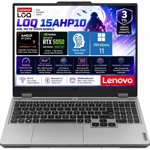 Loq 15AHP10 Amd Ryzen 7-250 Rtx 5050 16GB 100W 8gb Ram Ddr5 2tb SSD 15.6 Inç Full Hd 144Hz IPS WIN11 Pro Gaming Laptop C