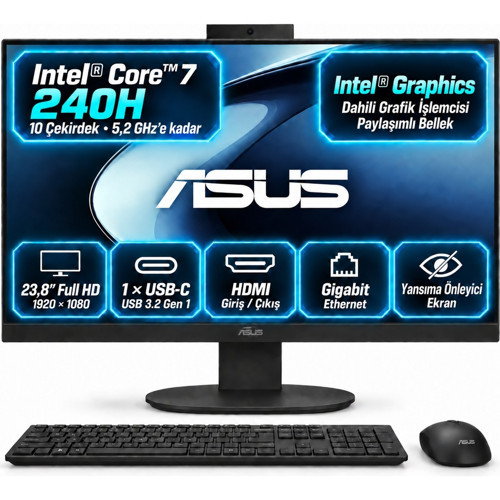 V440VAK-C7321TBB0D S3 Core 7 240H Ddr5 16GB 2tb Nvme SSD 23.8'' IPS Fhd Windows 11 Pro Siyah Kablosuz Mouse-Klavye Siyah