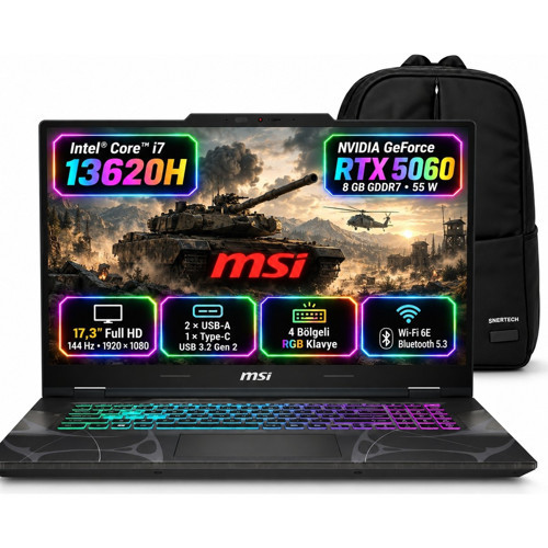 Cyborg 17 B13WFKG-210XTR S5 I7-13620H RTX5060 32GB 1tb SSD 8gb 17.3 Fhd 144Hz Windows 11 Pro + Snertech Çanta