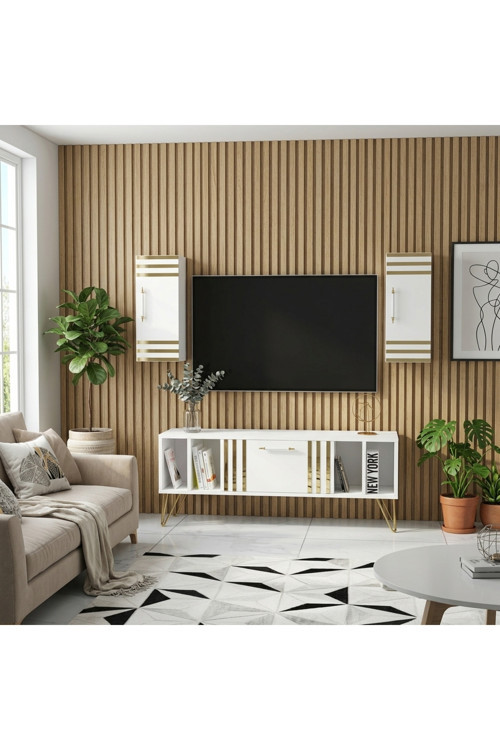 Doğa Kapaklı Raflı Beyaz MDF Tv Ünitesi & Tv Sehpası
