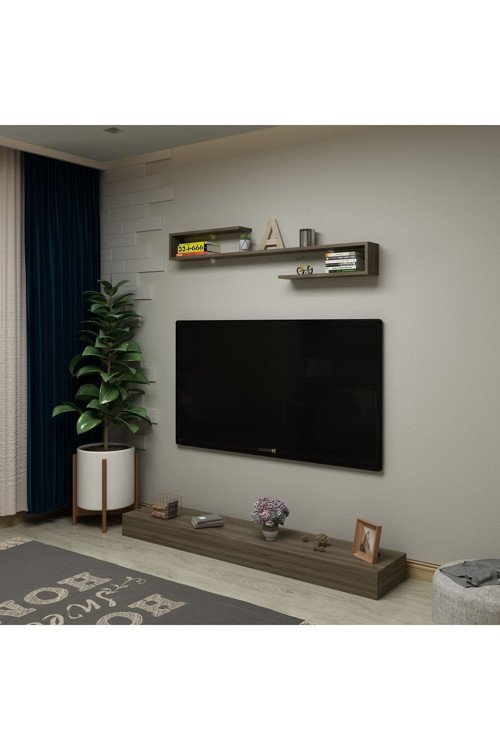 Harry Ceviz Tv Sehpası Ve Duvar Rafı ,ava Duvar Raflı Sehpalı Dekoratif Tv Ünitesi