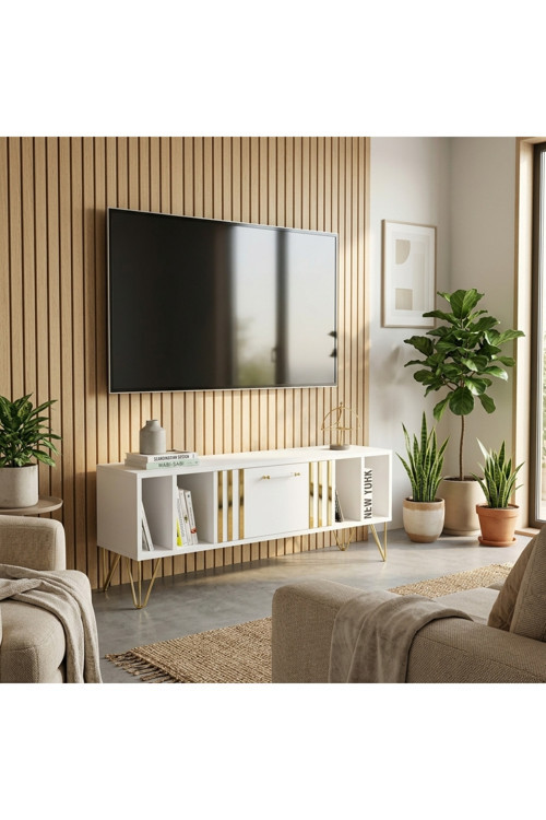 Tunç Gold Detaylı Gold Ayaklı Kapaklı Raflı Beyaz MDF Tv Ünitesi & Tv Sehpası