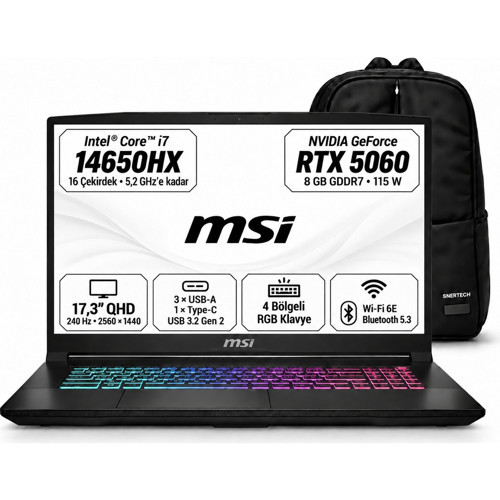 Katana 17 Hx B14WFK-257XTR S8 Intel Core I7 14650HX RTX5060 64GB 1tb SSD 17.3" Qhd 240Hz Windows 11 Pro Taşınabilir