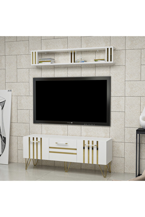 Hilt Tv Ünitesi Tv Sehpası Beyaz Altın Mdf