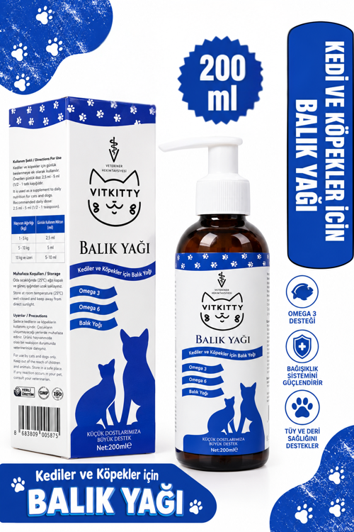 Kedi ve Köpekler İçin Balık Yağı – Deri Tüy Eklem ve Genel Sağlık Destekleyici 200 Ml