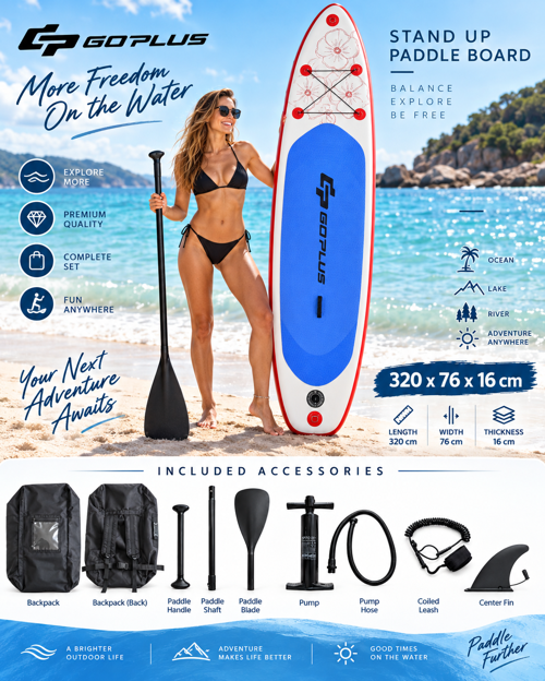 Goplus HMI82 320X76X16 Cm Şişme SUP Board Stand Up Paddle Board – Pompa Kürek Seti – 200 Kg Taşıma Kapasiteli