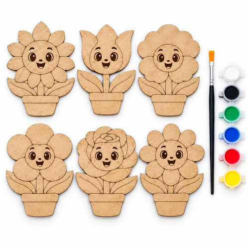 Çocuklar İçin Ahşap Çiçek Boyama Seti 6 Desen 17 cm MDF