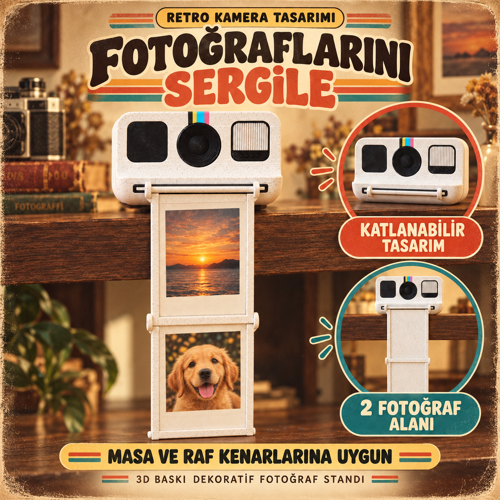 Retro Kamera Tasarımlı Katlanabilir Anı Fotoğrafı Sergileme Standı – 3D Baskı