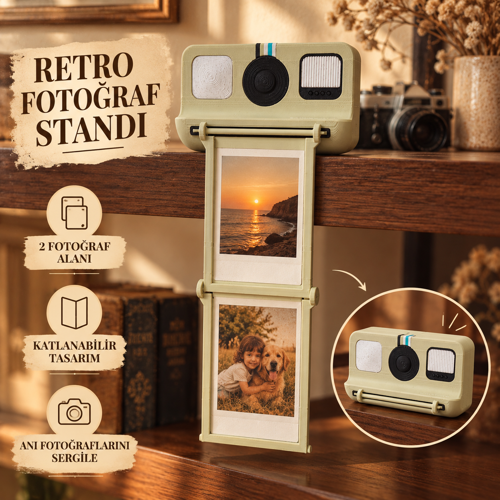 Retro Kamera Tasarımlı Katlanabilir Anı Fotoğrafı Sergileme Standı – 3D Baskı