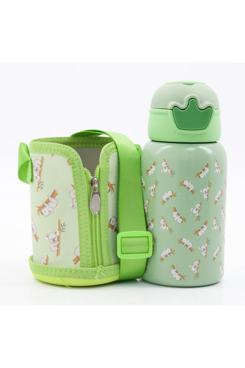 Koala Desenli Mint Yeşili Çocuk Matarası ve Askılı Kılıfı 500ml