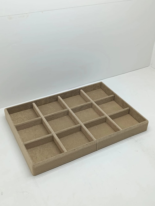 Canada Model Süet Kumaş Sütlü Kahve Renk 34 Cm / 24 Cm On iki Bölmeli Çekmece İçi Takı Standı