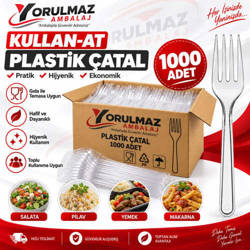 Plastik Çatal 1000 Adet – Şeffaf Kullan At Tek Kullanımlık Yemek Çatalı