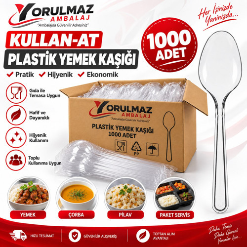 🥄Plastik Yemek Kaşığı 1000 Adet – Şeffaf Kullan At Tek Kullanımlık Kaşık