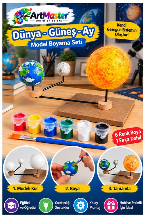 Güneş Dünya Ay Maketi 1 Paket Dünya Güneş Ay Modeli Set Deney Seti Strafor Toplu 6 Renk Boya Fırça Fen Bilimleri Okul
