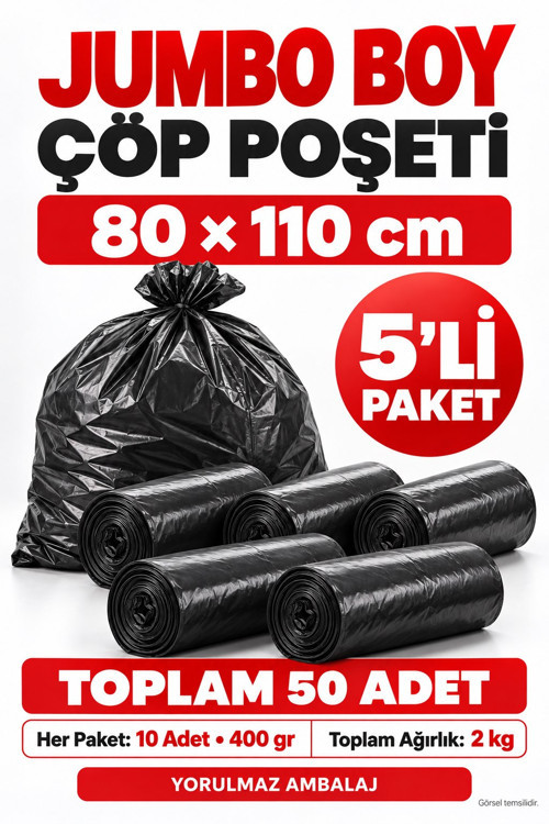 🗑️ 80x110 cm Jumbo Boy Çöp Poşeti 5’li Paket – Toplam 50 Adet, 2000 gr