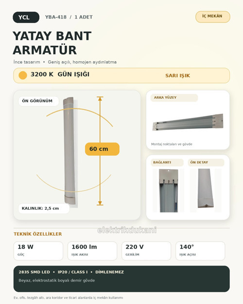 60cm 18w SARI Işık 3200k Yatay Led Bant Armatür 18 Watt 220 Volt IP20 (Günışığı)