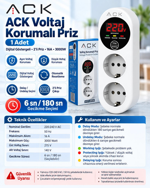 İkili Ani Yüksek Akım + Voltaj Korumalı Priz Dijital Göstergeli 140v-280v Arası