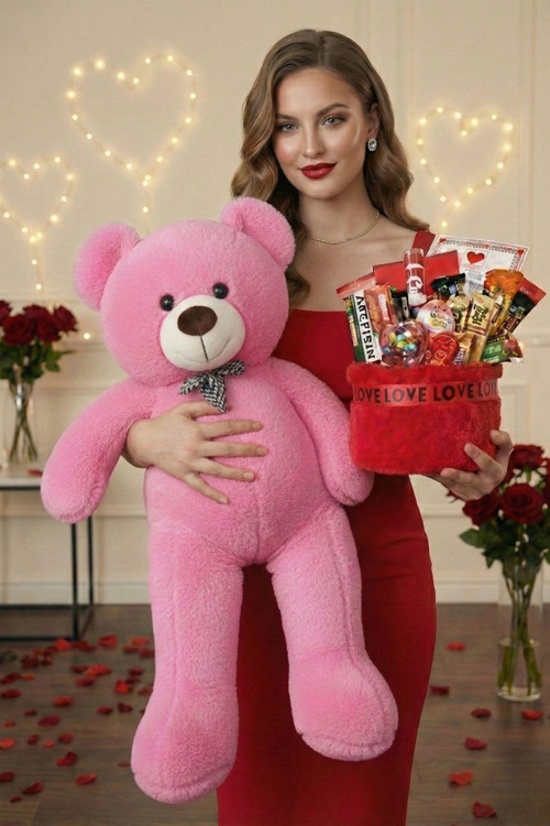 Kadınlar Günü Özel: 90 Cm Peluş Ayı Kırmızı Love Yazılı Tatlı Çikolata Sepeti Sevgiliye Hediye
