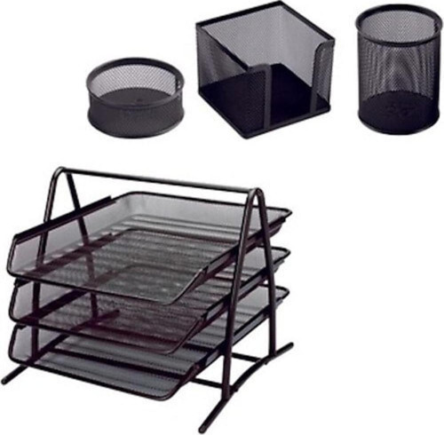 Metal Ofis Seti (File Metal 3'Lü Evrak Rafı + Kalemlik + Ataşlık + Küpnotluk)