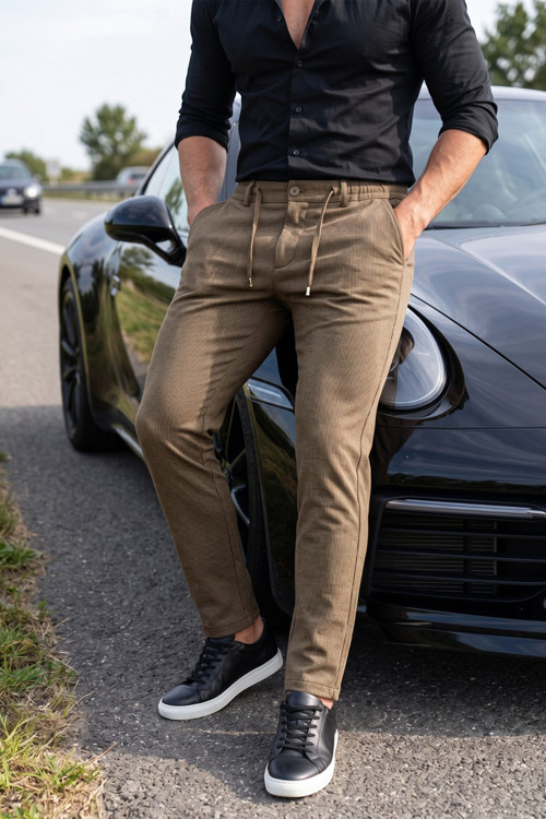 Erkek Slim Fit Çizgili Açık Kahve Kumaş Pantolon – İpli Esnek Bel Likralı Spor Pantolon 2700240