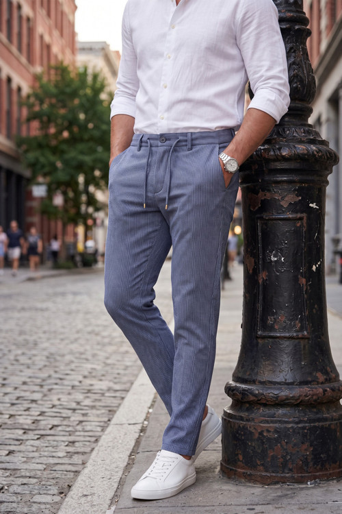Erkek Slim Fit Çizgili Mavi Kumaş Pantolon – İpli Esnek Bel Likralı Spor Pantolon 2700240