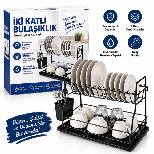 SİYAH - METAL 2 KATLI TABAKLIK - BULAŞIKLIK (5680)