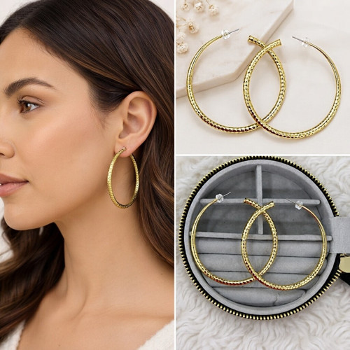 💎 Premium Parlak ve Şık Gold Renk Dokulu Büyük 316L Çelik Kadın Halka Küpe
