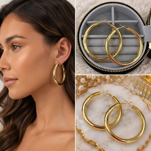 💎 Premium Parlak ve Şık Klasik Gold Renk Büyük Halka 316L Çelik Kadın Küpe
