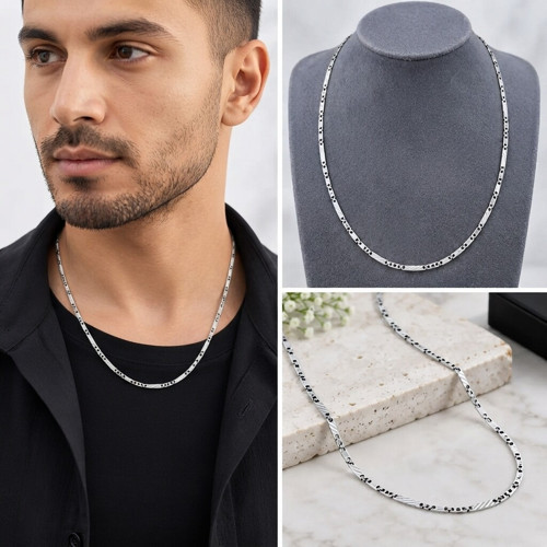 💎 Premium Parlak ve Şık Parlak Detaylı Gümüş Renk 316L Çelik Zincir Erkek Kolye (45 cm)