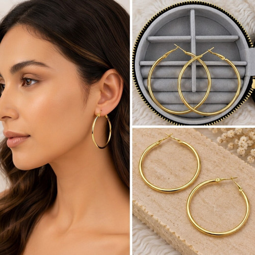 💎 Premium Parlak ve Şık Gold Renk Büyük İnce 316L Çelik Kadın Halka Küpe