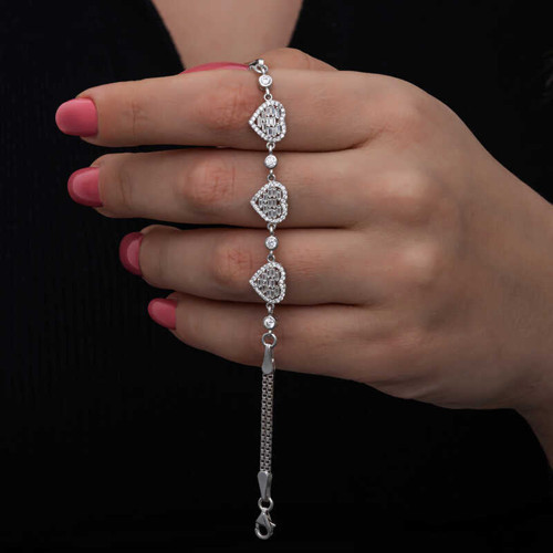 925 Ayar Gümüş Baget Taşlı Kalp Kadın Bileklik