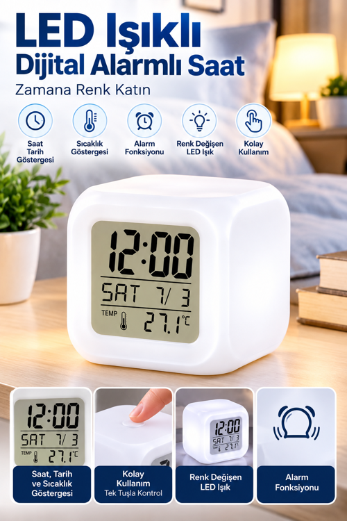 popüler LED Aydınlatmalı Küp Saat Dijital Alarm Tarih ve Sıcaklık Göstergeli 2026