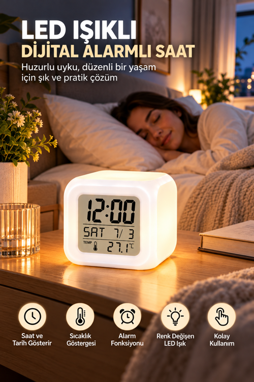 popüler Dijital Ekranlı Küp Saat LED Işıklı Alarm ve Sıcaklık Göstergeli 2026