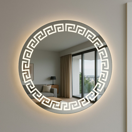 Dokunmatik Dimmer Özellikli Geometrik Desenli LED Işıklı Yuvarlak Ayna 100 cm 80 cm ÇAP