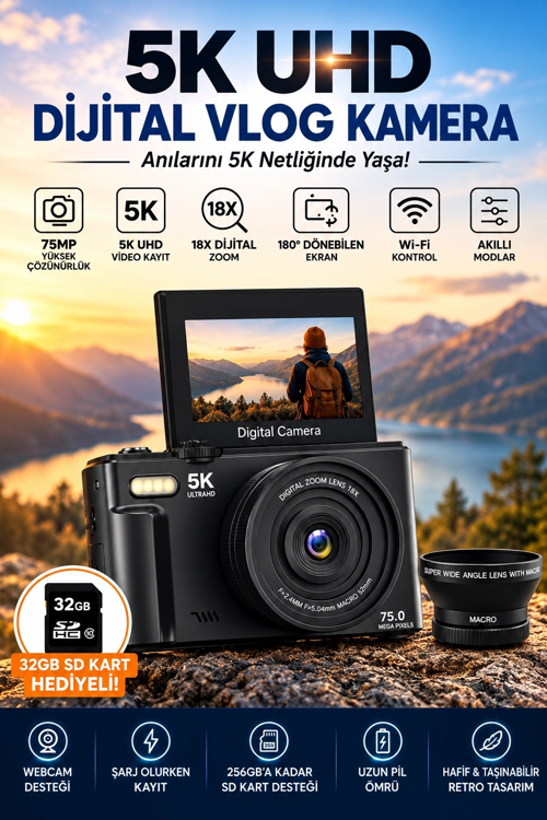 5K 75Mp 18X Zoom Flaşlı 3” Flip Ekranlı Türkçe 32Gb Kart Dijital Vlog Fotoğraf Makinesi Lens Hediyel